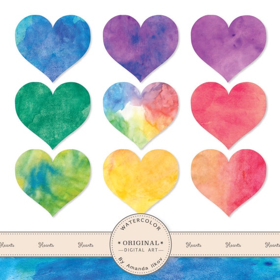 Download Items similar to Hand Painted Bright Watercolor Hearts ...