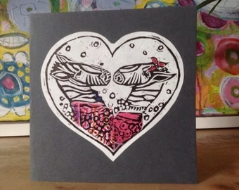 Hand printed lino cut greetings card - Zebra Love