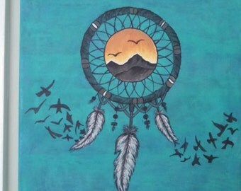 dream catcher 12x12 painted canvas hand painting cher cat