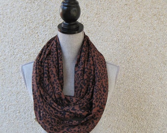 Fabric scarf, Infinity scarf, tube scarf, eternity scarf, loop scarf, long scarf in a brown and navy animal print