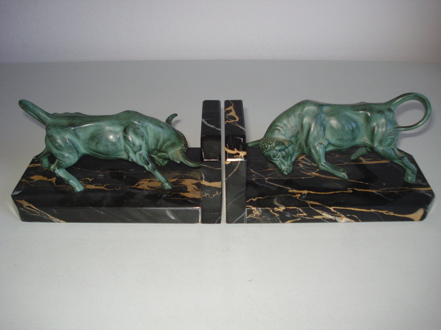 French Art Deco Pair of Bronze Bulls Bookends By