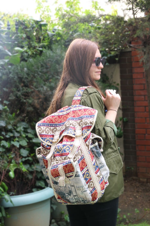 Handmade Turkish Kilim Rug Backpack, Kilim Rucksack, Recycled Materials Used, Traditional Turkish Rug Bag