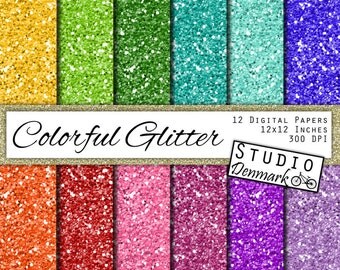 Colorful Glitter Digital Paper - Bright Colors Chunky Glitter - 12 Colors 12in x 12in - Instant Download Bright Glitter Digital Paper