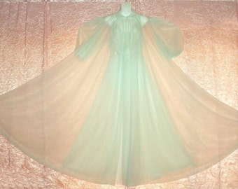 Vintage Nightgown Peignoir Set Vanity Fair Sheer Nylon Chiffon Floor Length 20' Sweep Lace Wedding Bridal Gift Robe M/Medium L/Large to 40"