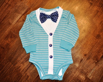 Preppy Baby Boy Cardigan, Onesie + Bow Tie Set