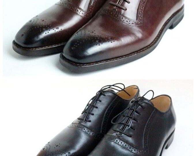 Handmade Goodyear Welted Brogue Men's Dress Shoes,Square Carving and Black Brush off