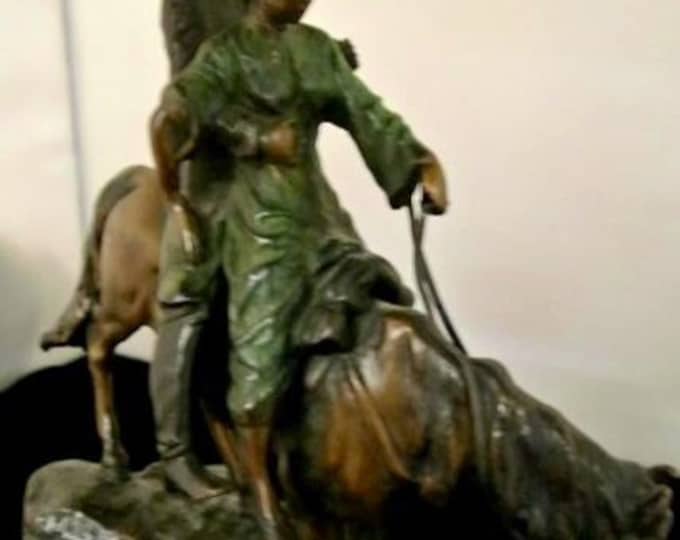 Storewide 25% Off SALE Heavy Bronze Sculpture by Listed French Artist Jean Paul Aube featuring a 19th Century Russian Soldier on Horse with