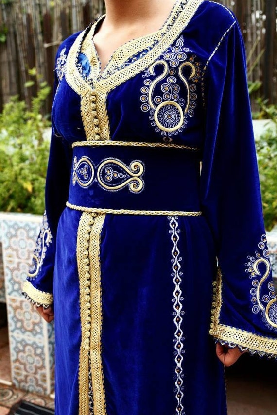 Moroccan Kaftan Dress Wedding Blue and Gold by Sheherazadesign