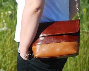 Small Brown Leather Shoulder Bag, Handmade Leather Bag, Shoulder chain bag – brown and camel color