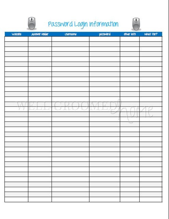 Items similar to Editable Password Printable PDF and Excel file (plain ...