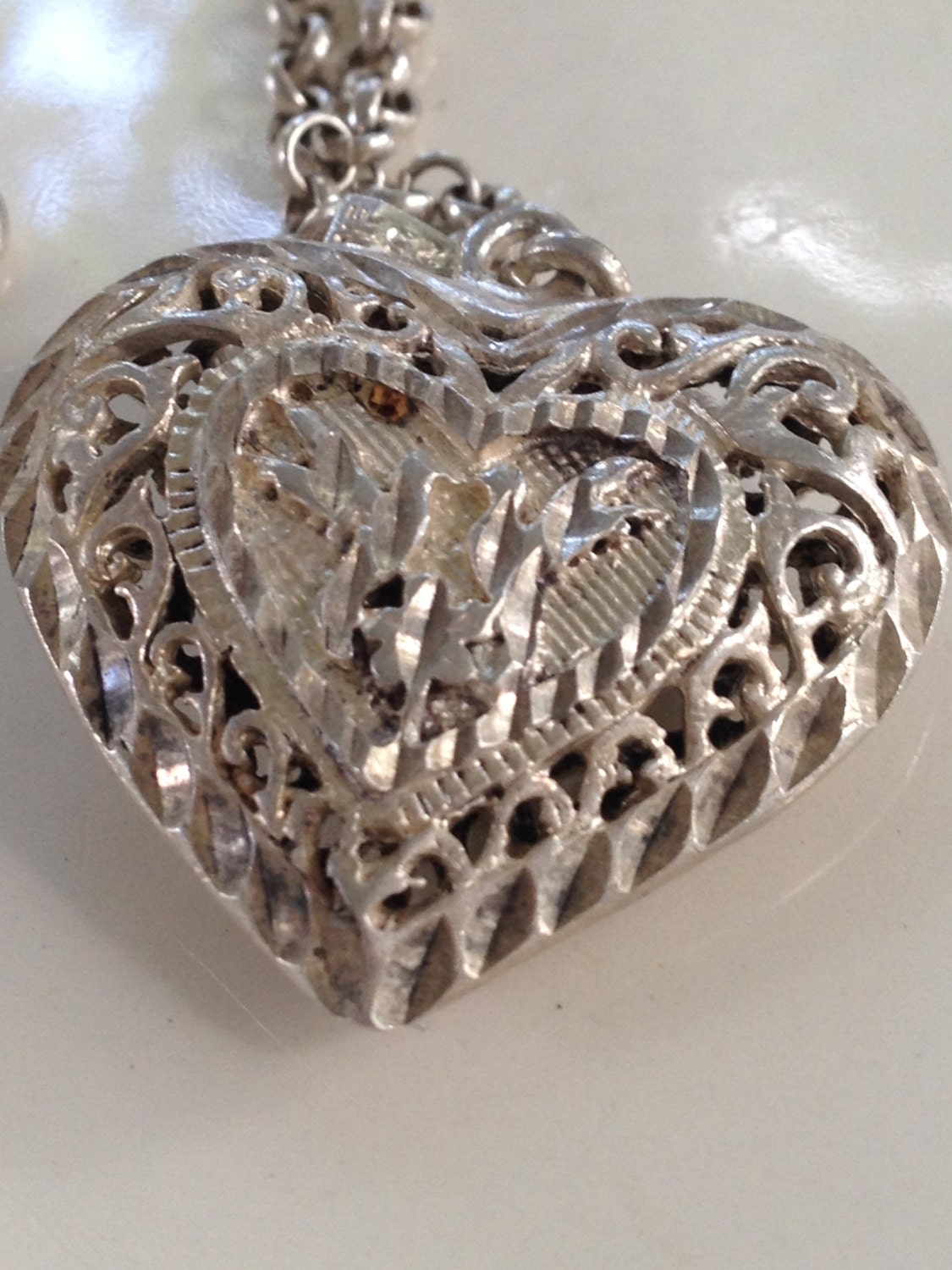 Sterling Silver Heart Pendant Italy Puffed Filigree with