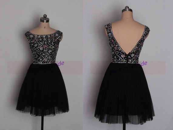 2015 short black tulle prom dresses with rhinestons,best cheap beaded ...