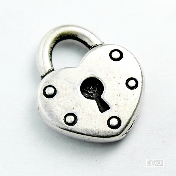 Heart Shaped Padlock Charm 16x14mm Antique Silver Plated