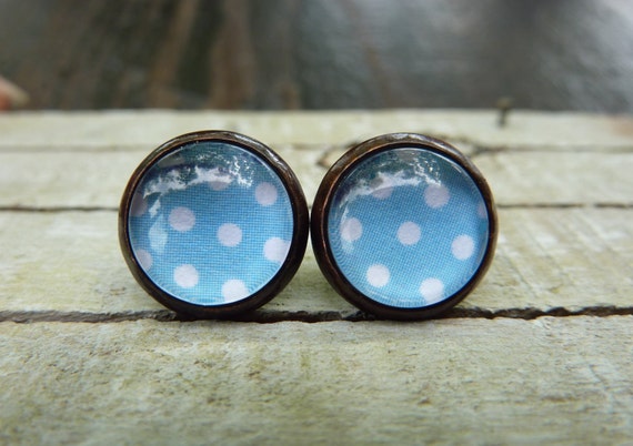 Blue polka dots stud earrings, Copper earrings, Post earrings, Vintage earrings, Retro earrings, Round stud earrings, Glass dome earrings