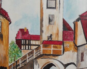 Vintage oil painting expressionist cityscape