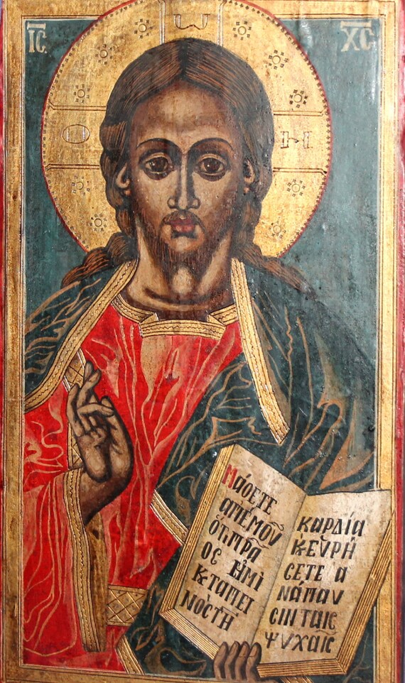 Vintage Orthodox hand painted icon Jesus Christ Pantokrator