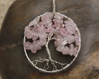 Rose Quartz Sterling Silver Wire Wrapped Tree of Life Pendant