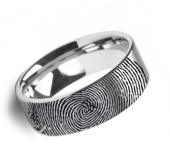 Fingerprint Wedding Band 10k White Gold Engraved Flat Ring Brushed ...