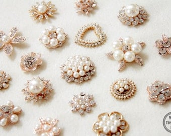 35 Assorted Mix Lot Pearl Rhinestone Gold Metal Base Flat back Brooches Button/Craft Supplies/Wedding Accessories