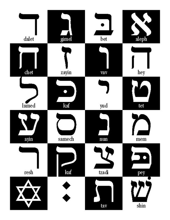 hebrew alphabet black and white 8x10 print by schultzyakovetz