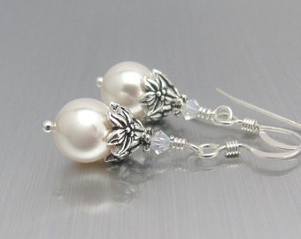 White Pearl Earrings, Sterling Silver, Wedding Earrings, Swarovski Crystal White Pearls, Bridesmaid Earrings, Wedding Jewelry, Mother Bride