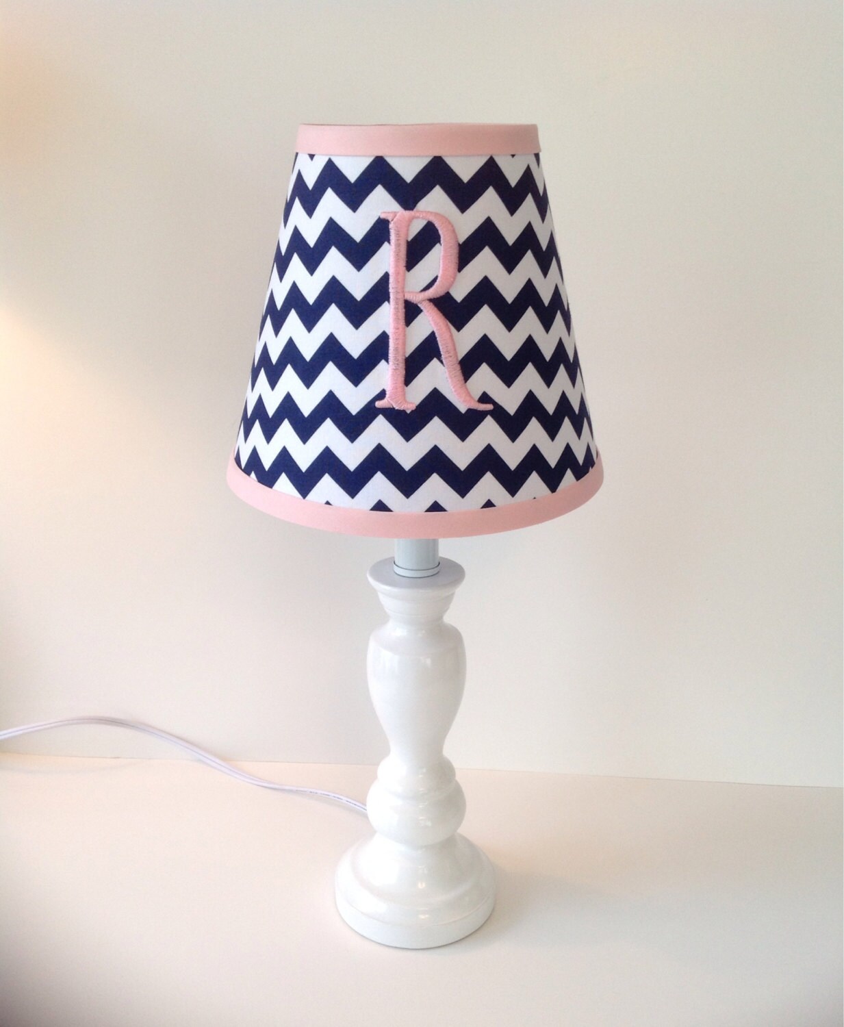 Monogrammed Custom Lamp Shade Navy Blue Chevron Pink Accent