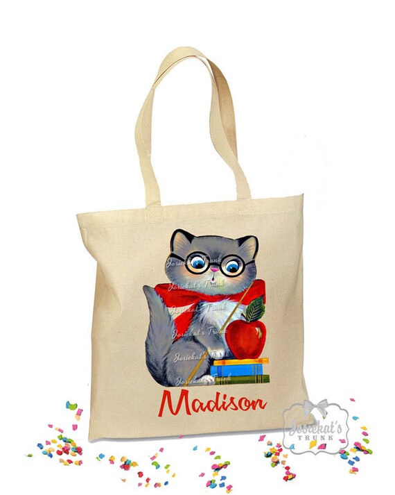 School Bag Personalized Tote Retro Back to School Kitty Gift Canvas ...