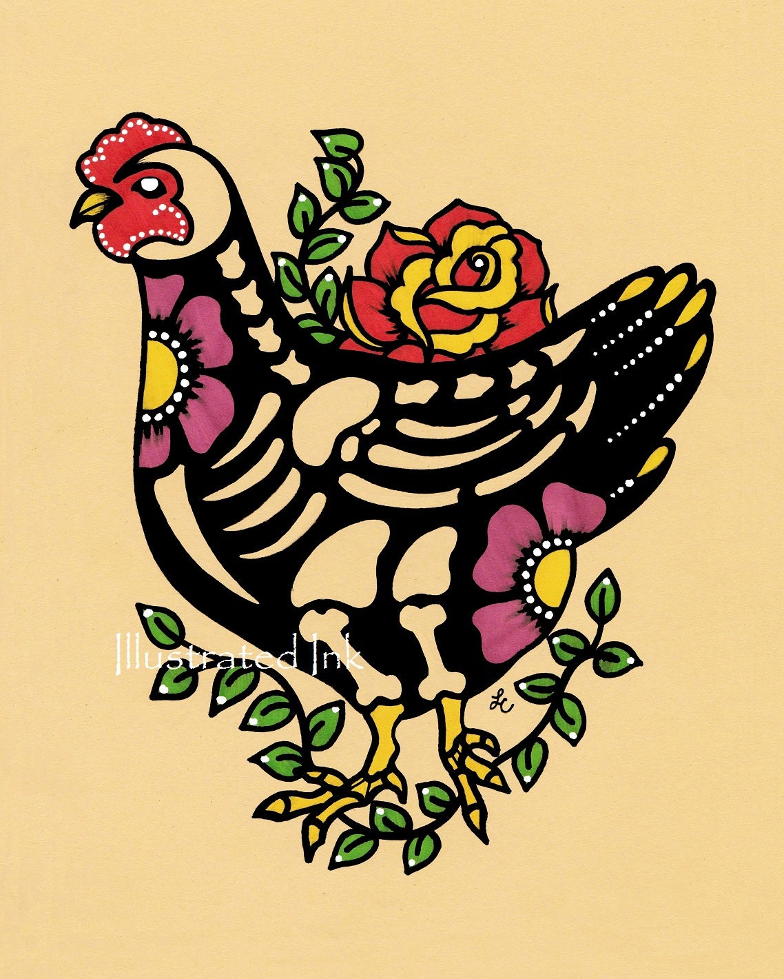 Day of the Dead COW Skeleton Dia de los Muertos Art Print 5 x