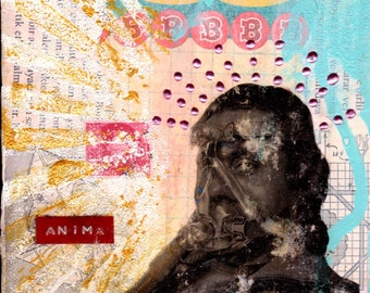 Mixed Media Collage Art ANIMA Original 5x5 Mixed Media Canvas