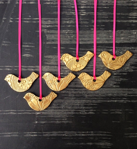 6 Christmas Ornaments Gold Ceramic Birds Christmas Hand made