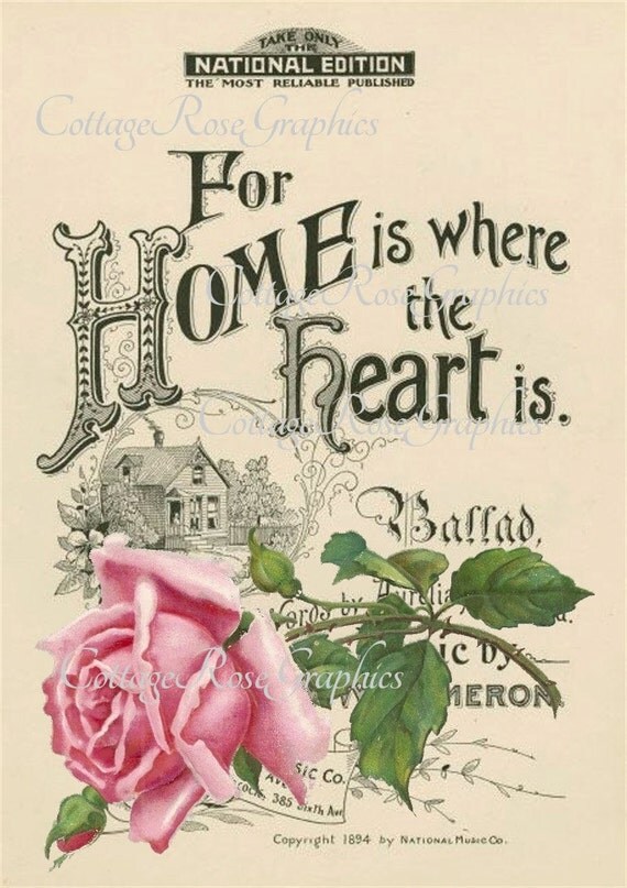 Large digital download Home is where the Heart is Vintage pink roses Sheet music cover  BUY 3 get one FREE