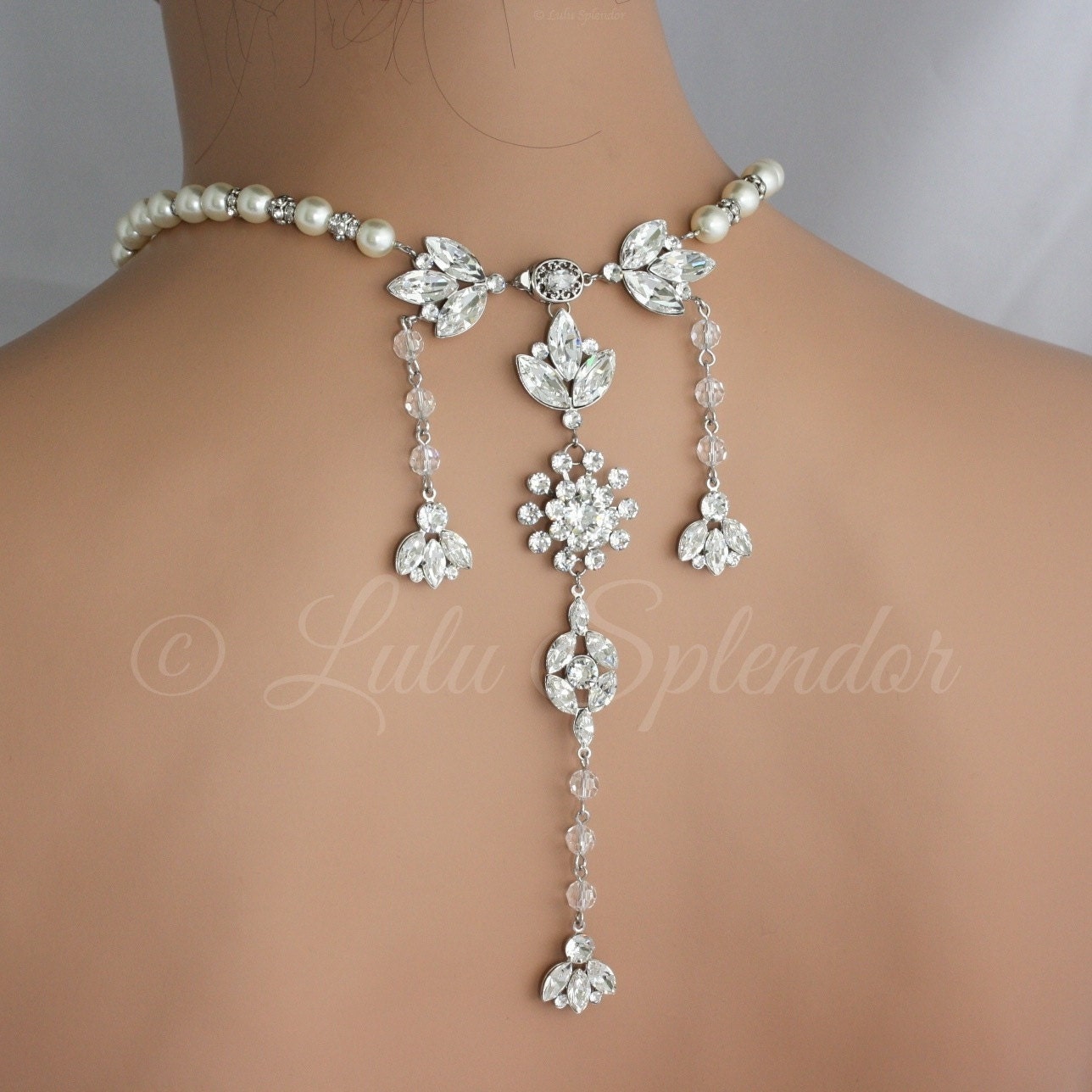 Backdrop Wedding Necklace Crystal Bridal Back Drop Necklace