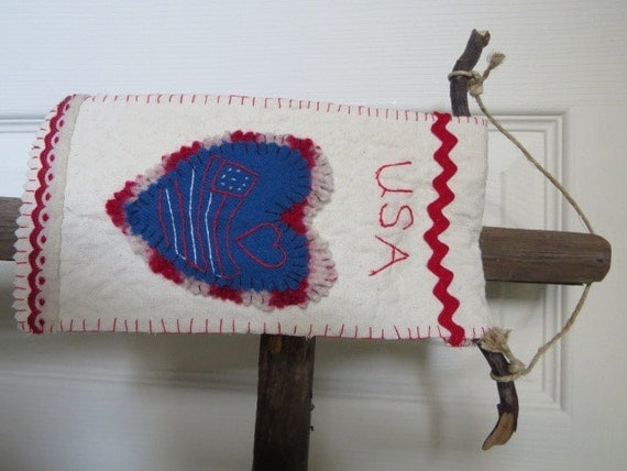 Wool Felted Embroidered Doorknob Hanger Banner OOAK Primitive Ornament USA Sochi Heart Red White Blue