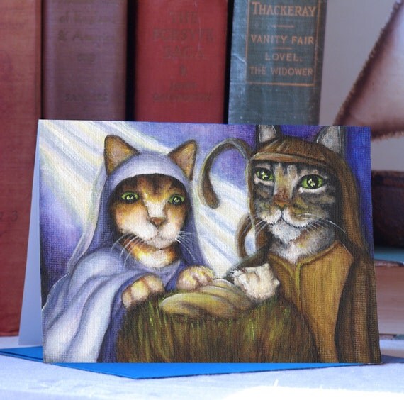Feline Nativity Card Cats Dressed as Mary Joseph and Baby