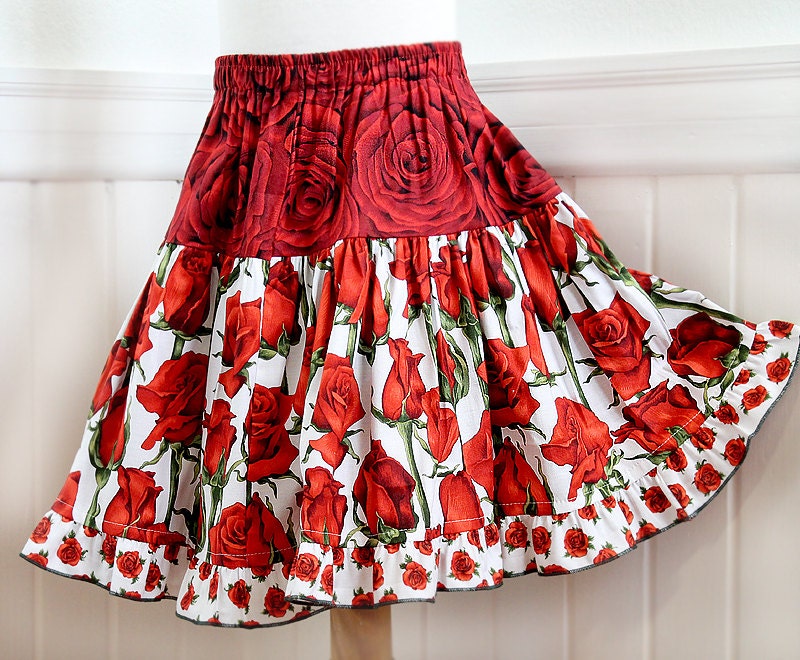 Red Rose Girls Skirt Gathered Ruffled Tiered Twirl Skirt