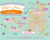 100 4x6 Postcard Prints - Custom Wedding Map St Martin Save the Date - Any City!!