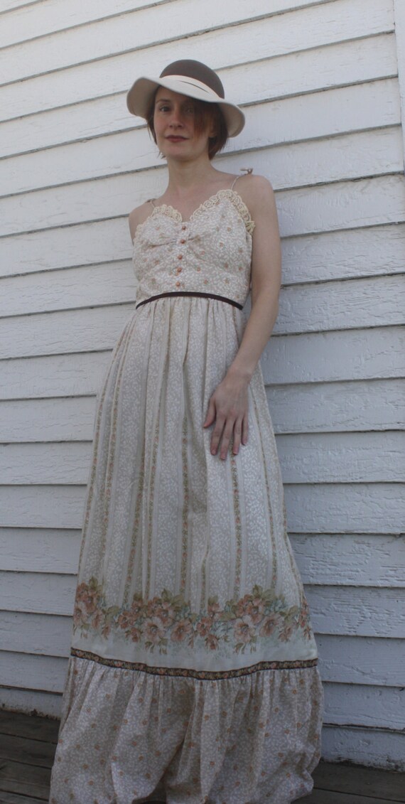 Vintage 70s Candi Jones Dress Summer Maxi Prairie Floral Print Lace XS S Full Length