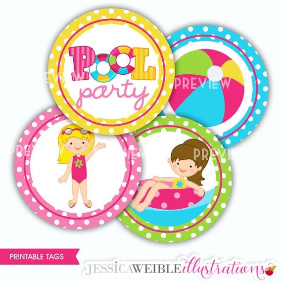 Girls Pool Party Theme - Printable Party Tags - Cupake Toppers - Printable Party Favors - Swimming Party Printables Il_570xn