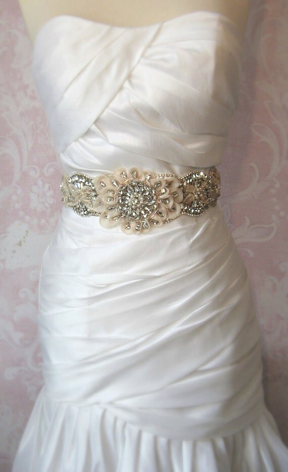 Items similar to Swarovski Crystal and Pearl Sash, Champagne Beaded Crystal Bridal Sash
