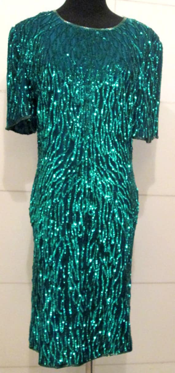 Vintage Green Sequin Dress by Laurence Kazar / Party Dress