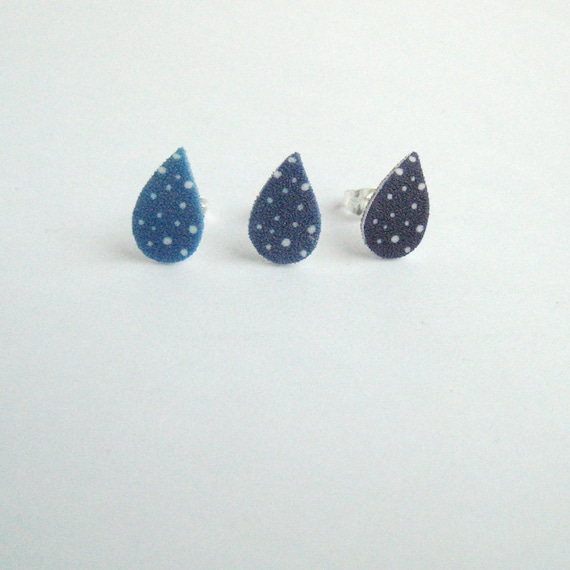 Rain Drop Post Earrings set of three polka dot pattern blue