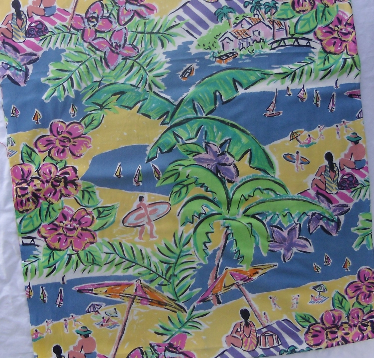 2 yards cotton fabric beach theme Palms Beach Surfers Boats