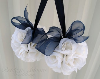 Wedding flower ball, Pomander navy blue and white Wedding decorations, Ceremony Aisle pew markers