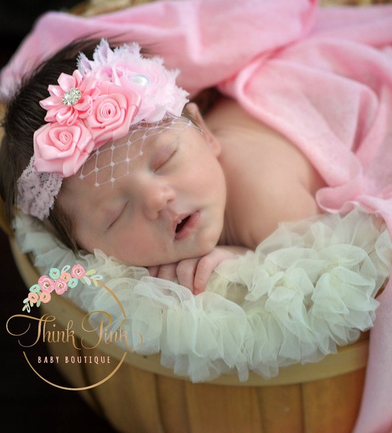 Pink Baby Headband,Baby Headbands,Christening baby Headband,Baptism Headband, Flower Girl Headband, Lace Flower Headband, Newborn Headband. by ThinkPinkBows