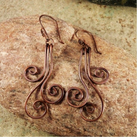Copper Wire Work Earrings. Long Dangle Spirals. Artisan