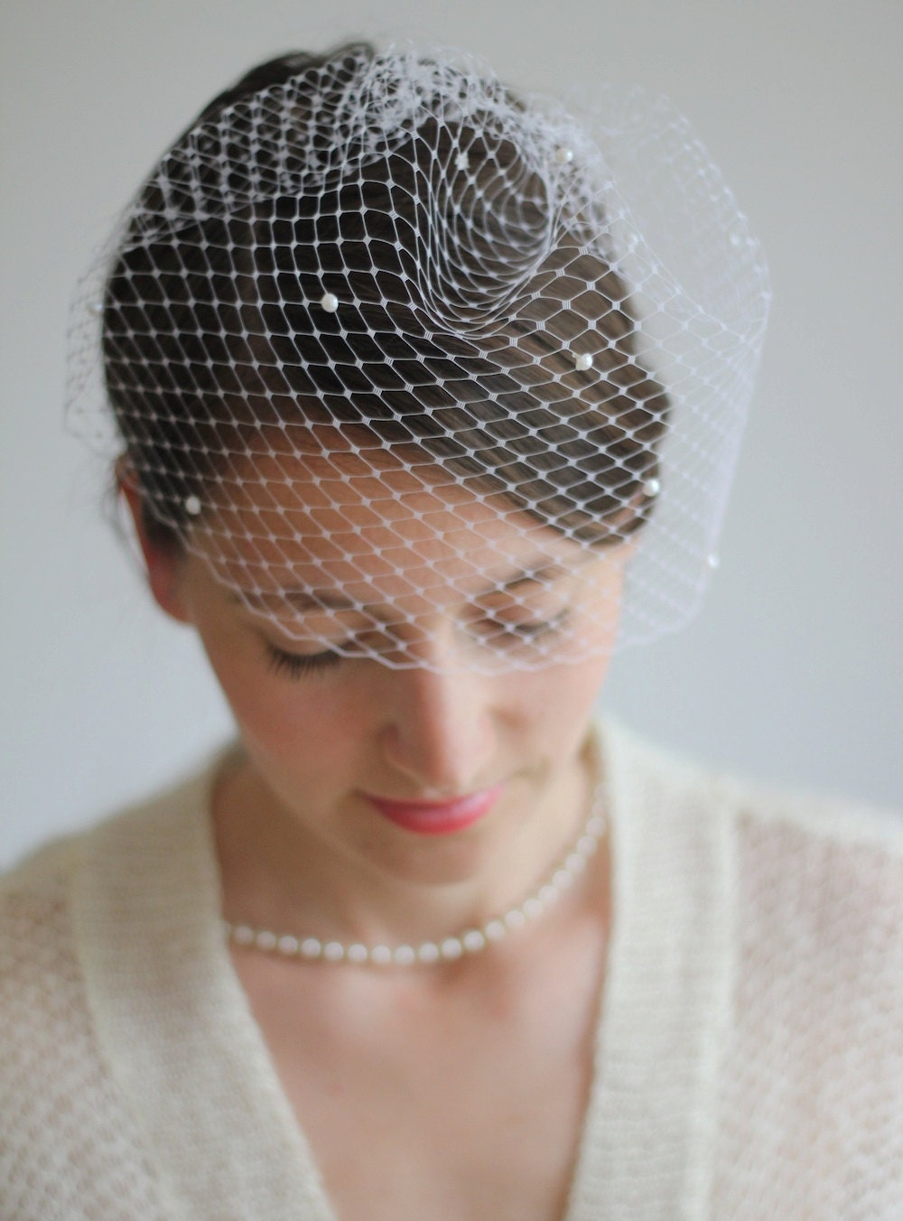 Bridal Pearl Veil Birdcage Veil White or Ivory Studded