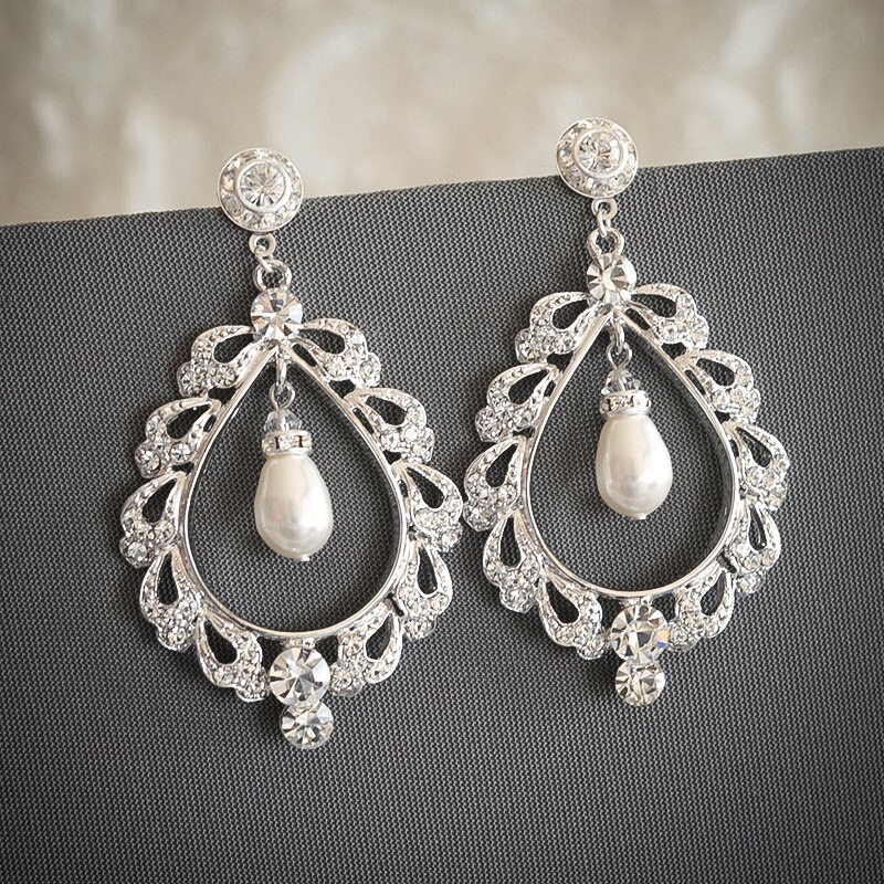 50 OFF SALE Swarovski Crystal Bridal Earrings Pearl Drop