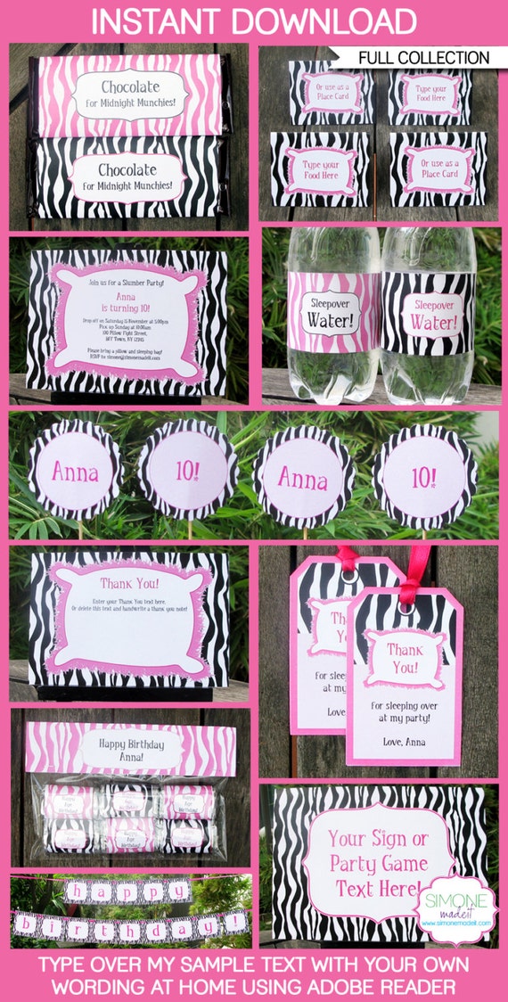 Sleepover Party Invitations & Decorations - full Printable Package - Slumber Party - INSTANT DOWNLOAD with EDITABLE text - you personalize Il_570xn