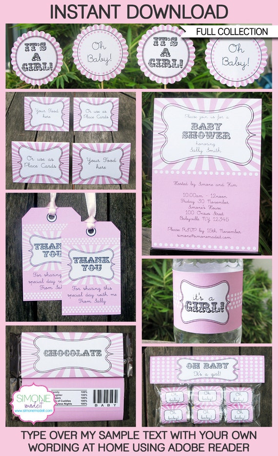 Editable Girl Baby Shower Party Invitations & Decorations - full Printable Package - INSTANT DOWNLOAD with EDITABLE text - you personalize Il_570xn