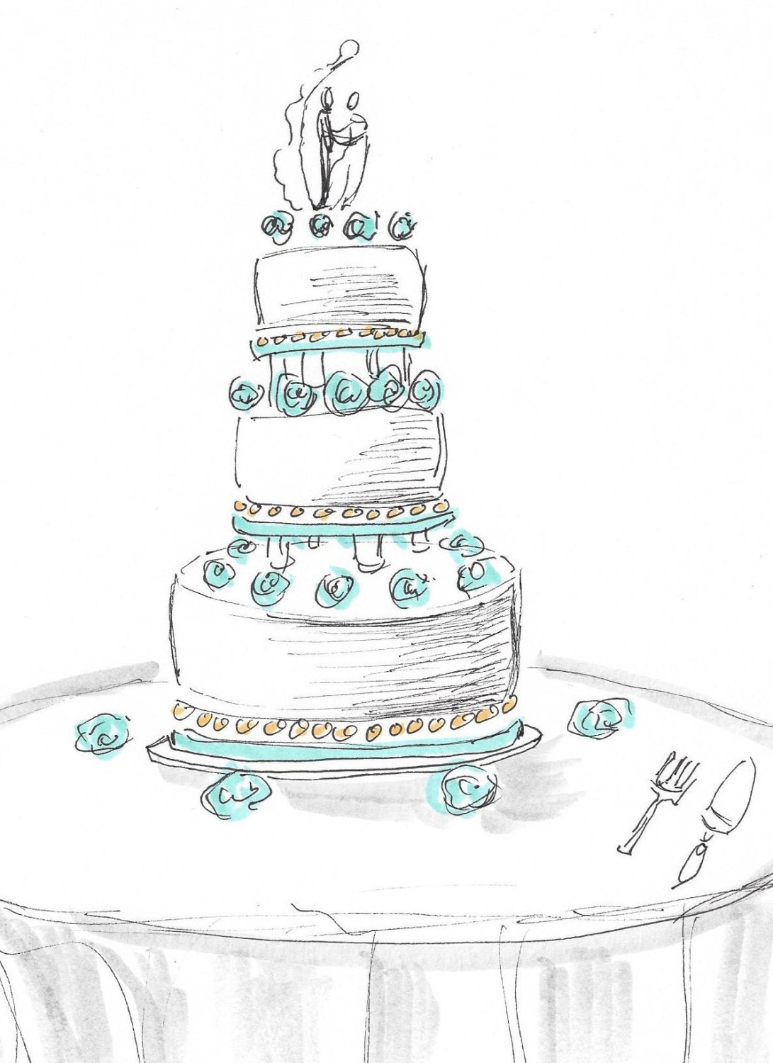 Wedding Cake Sketch Original Ink Drawing by ArtbySuzanneLaPierre